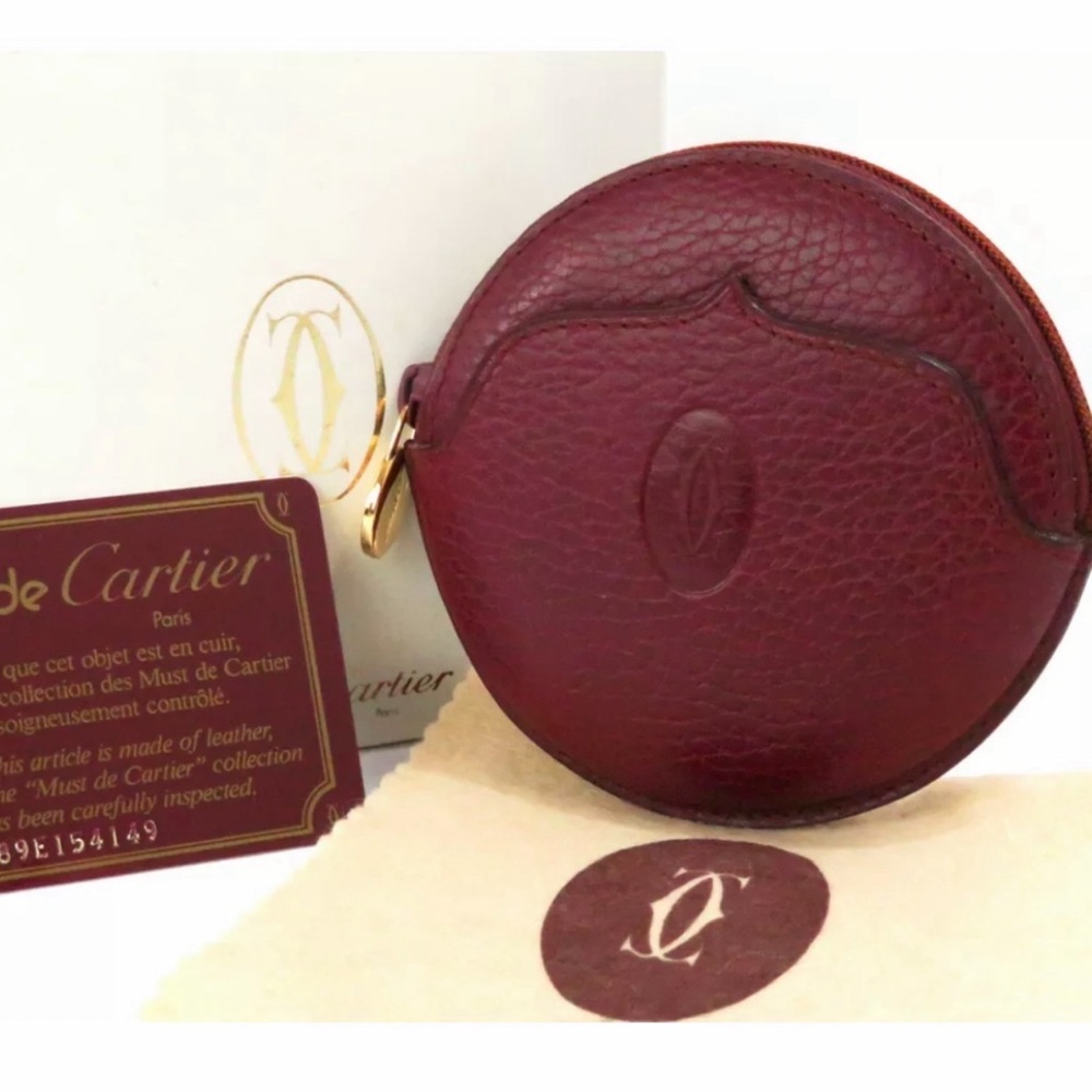 Cartier Must Line Round Coin Case Purse Leather Bordeaux 👛